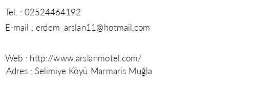 Arslan Motel Selimiye telefon numaralar, faks, e-mail, posta adresi ve iletiim bilgileri